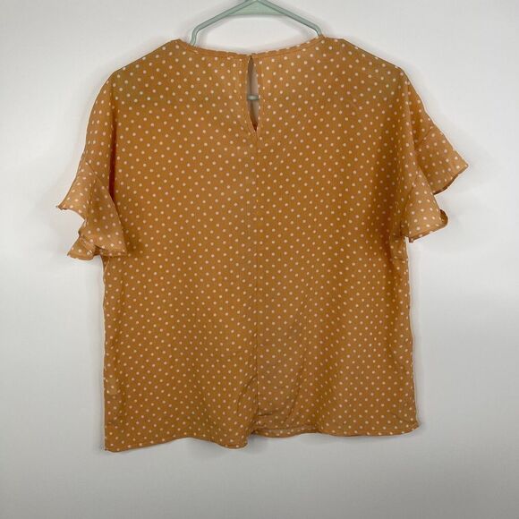 Mello Day Womens Blouse Size M Peach Polka Dot Short Sleeve Ruffle Round Neck - Picture 2 of 6